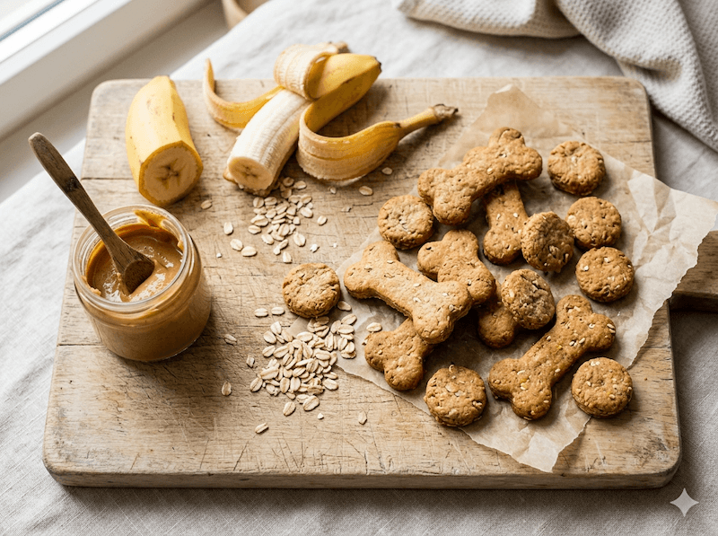 Bananen-Erdnussbutter-Kekse für Hunde – KI generierte Illustration