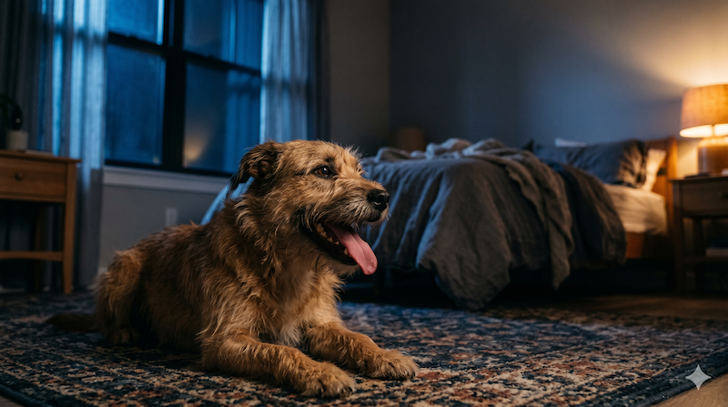 Hund hechelt nachts neben dem Bett, KI-generierte Illustration