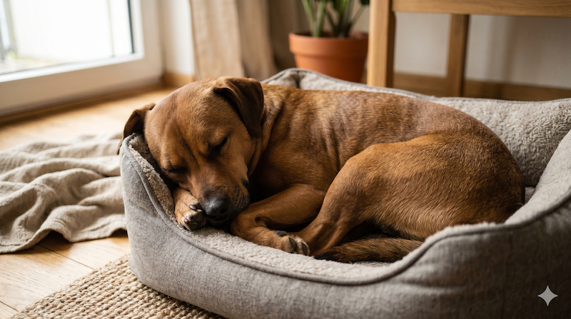 Hund schläft im Koerbchen - KI-generierte Illustration